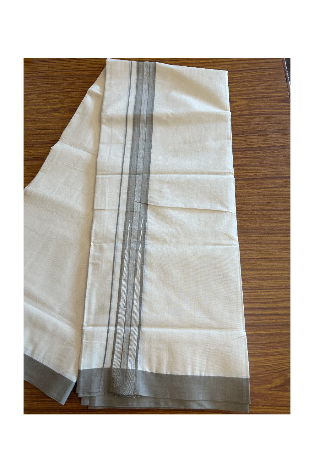 19% DISCOUNT! KaithariKada Balaramapuram 100% Cotton  Off white (Unbleached) Double Mundu/Dhoti-100x100 1.5inch Dark Tan Brown Striped Chutty kara - 16KK5110THI