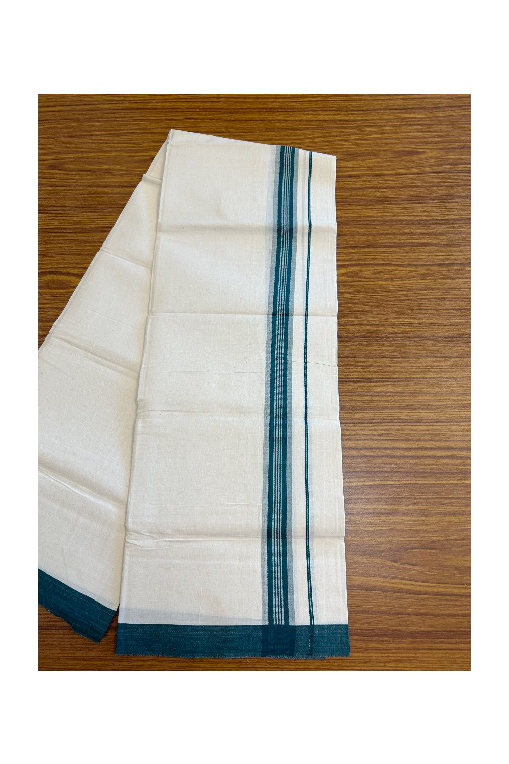 8% Discount ! Kaitharikada Balaramapuram 100% Cotton OFF WHITE SINGLE Mundu/Dothi (40s) - 1.75 inch Peacock green & White shaded Stripes Kara (2 meter / 4 muzham) - 16KK5114THI