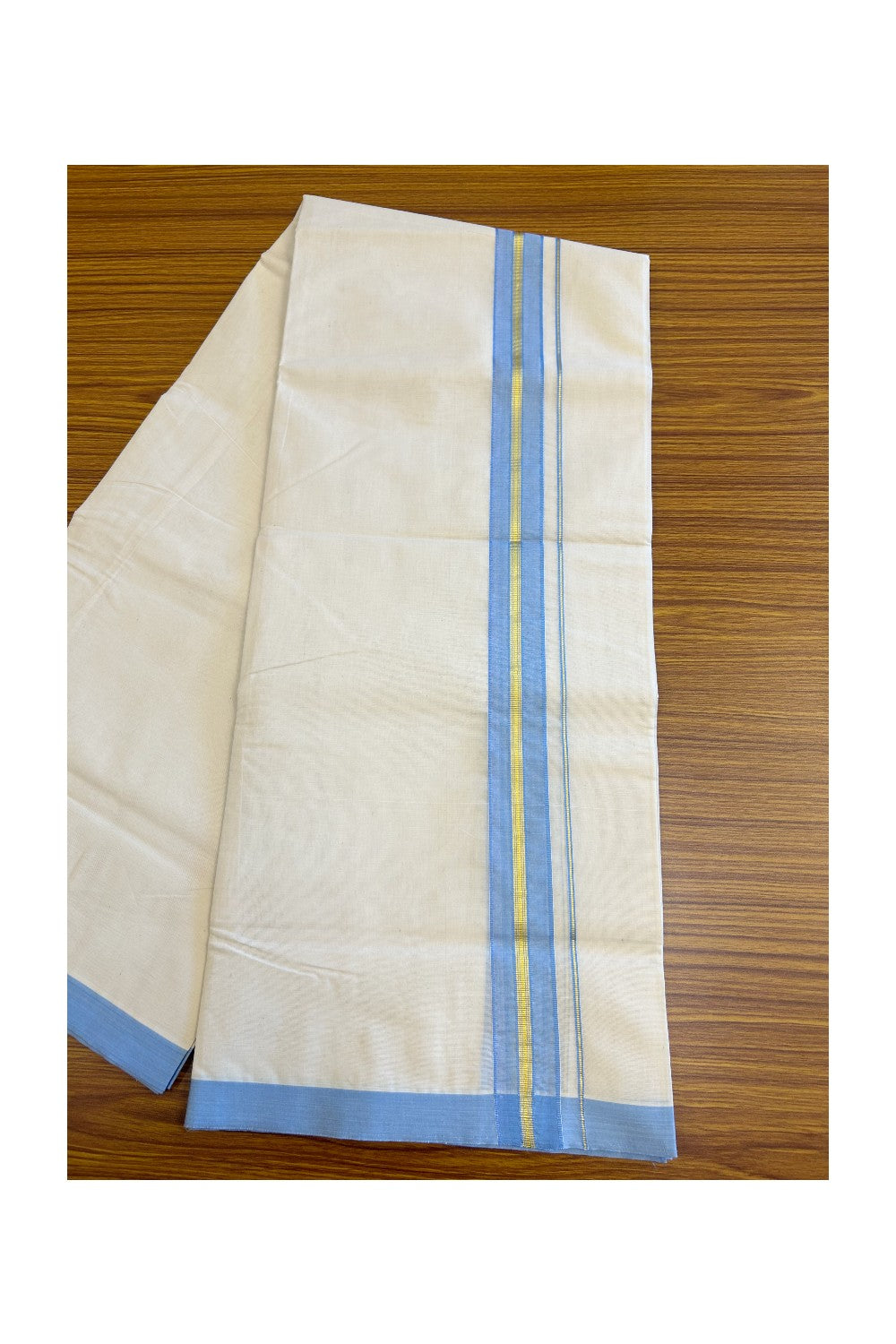 19% Discount !! KaithariKada - 100% PURE Cotton OFF White Double - (Unbleached) Mundu/Dothi -100x100 - 2 inch Sky Blue & Kasavu Striped Kara 4.50 Meters - 16KK5133ASH