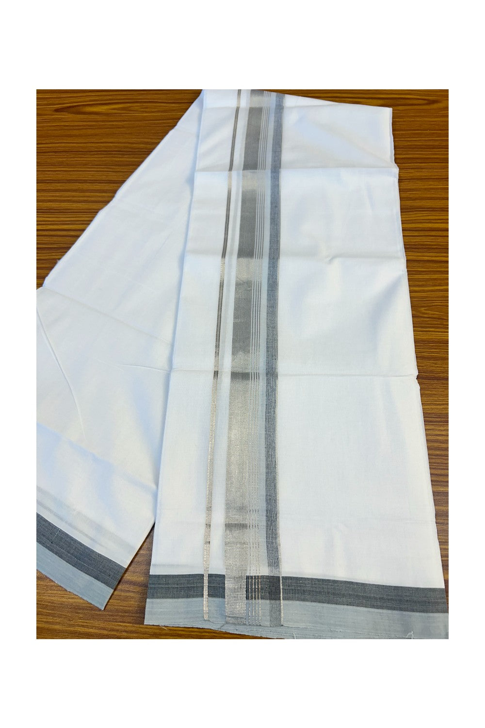 21% DISCOUNT!! Kaitharikada Balaramapuram 100% Cotton Ultra WHITE Double Mundu/Dothi-100x80   2 Inch GRAY & BLACK SILVER STRIPED Cotton Kara -16KK63VAS