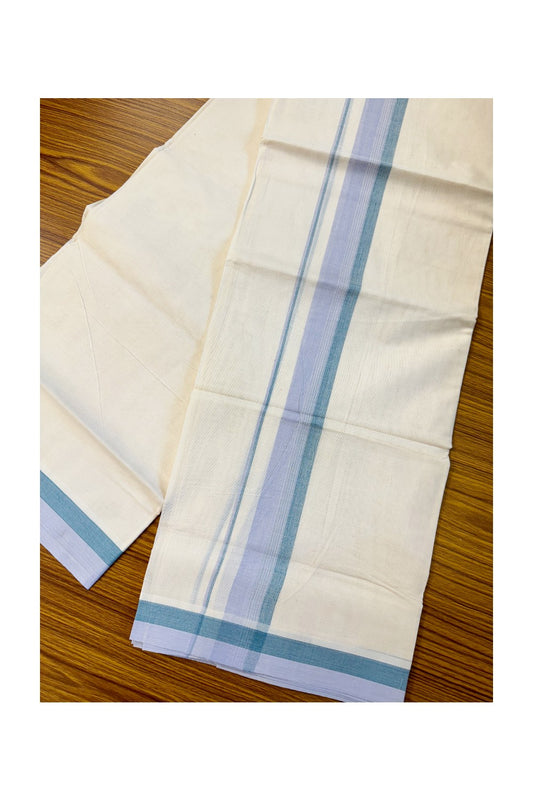 19% DISCOUNT ! KaithariKada Balaramapuram 100%  Cotton Double off white - (Unbleached) Mundu/Dhoti - 100X100  light blue & green shaded kara with  centre stripes - 16KK81VIN