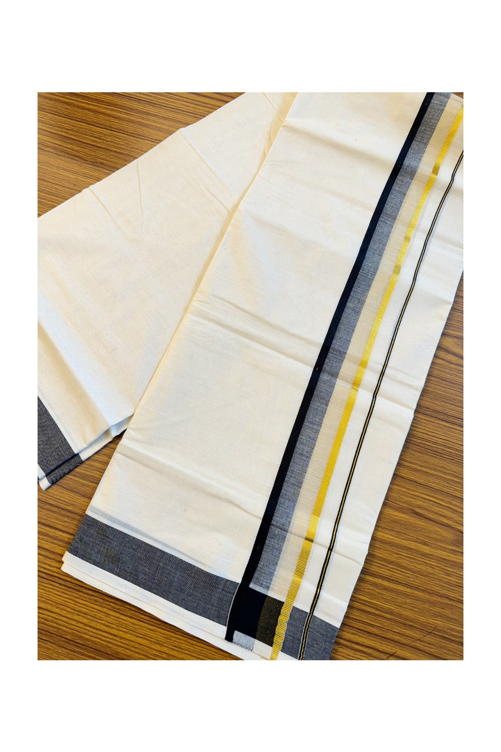 16% DISCOUNT!!! KaithariKada Balaramapuram 100%  Cotton off white - (Unbleached) Double  Mundu/Dhoti - 100X100  black & kasavu  shaded kara - 16KK82VIN