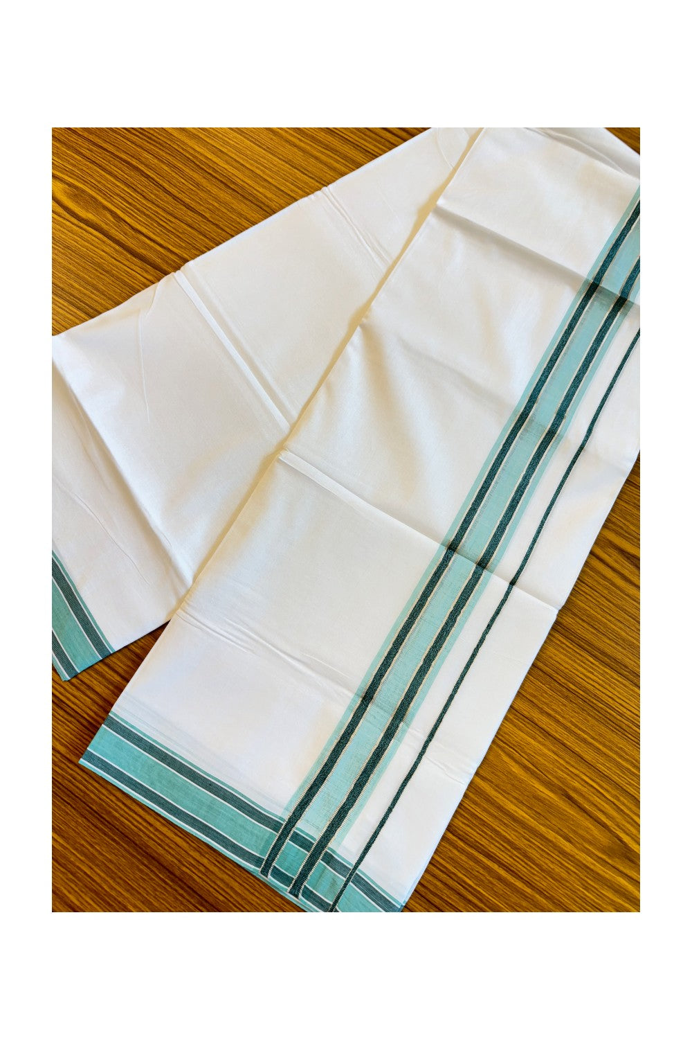 19% DISCOUNT!!! KaithariKada Balaramapuram 100% Cotton Double PURE white Mundu/Dhoti-100x100  2.25 Inch  Silver kasavu turquoise+green shaded  kara  - 16KK83VIN