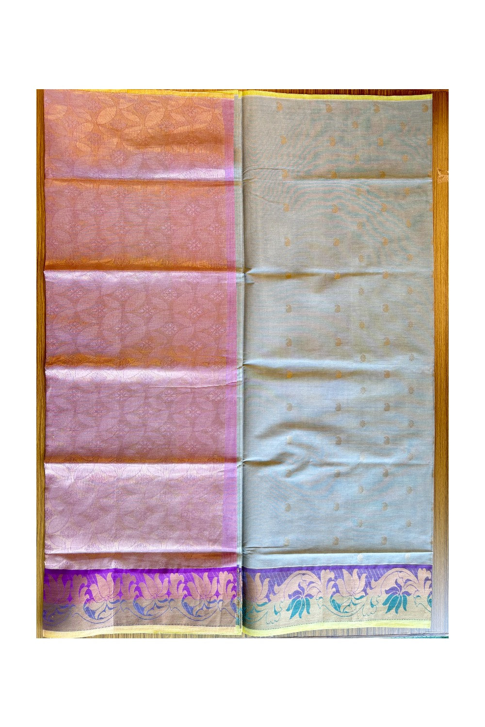 KaithariKada- Balaramapuram Saree - 100% PURE Cotton Silk - Light Sage Green Rose Pink & Violet. Flower Design -16KK1005PAN.