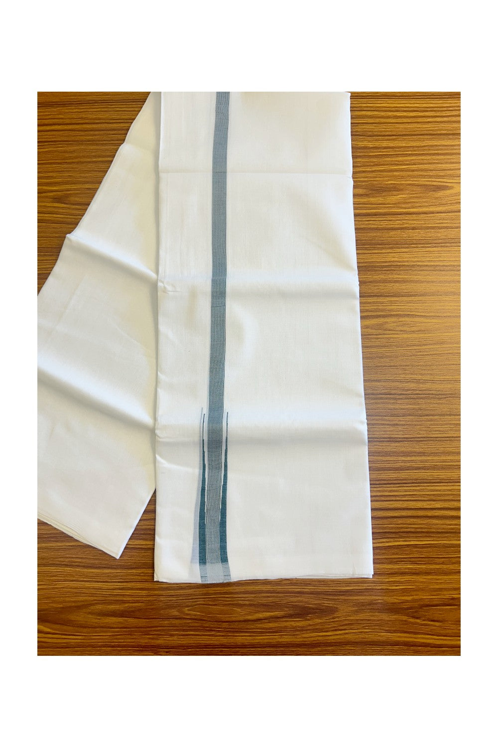 30% DISCOUNT! KaithariKada Handloom Millpaav Balaramapuram 100% Cotton  Pure white Double Mundu/Dhoti - 100x100  3 cm Green & Silver stripes Puliyilakkara Chutty - 16KK406ASH