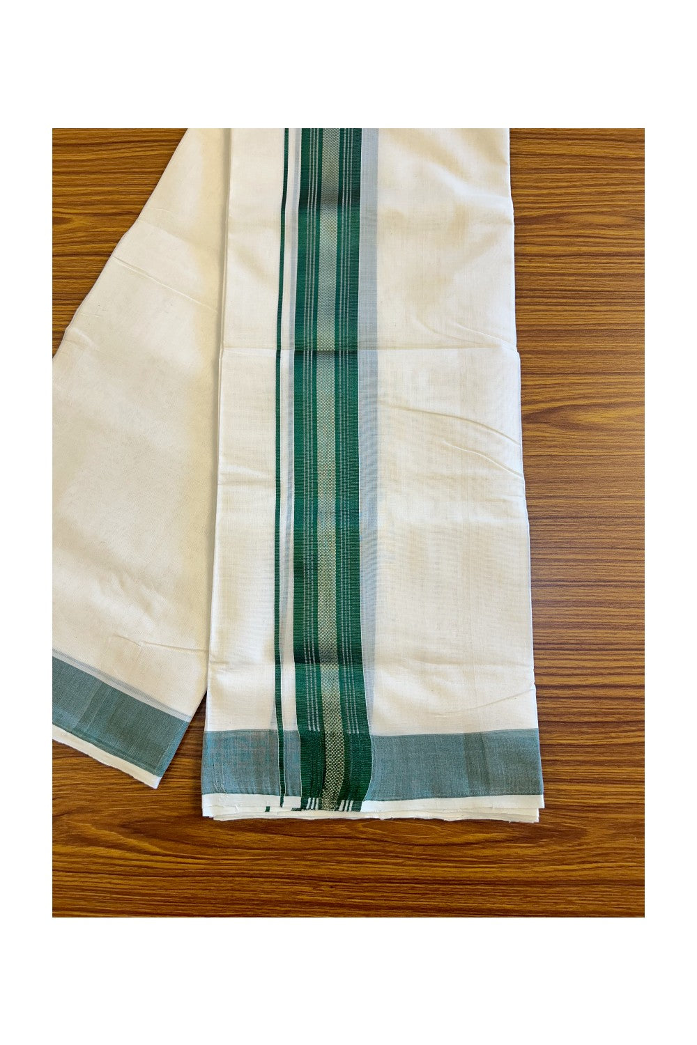 18% DISCOUNT!! KaithariKada HANDLOOM Millpaav Balaramapuram - 100% PURE Cotton OFF White Double Mundu/Dothi - 2.75 inch Green & silver kasavu striped kara - 16KK410RAM