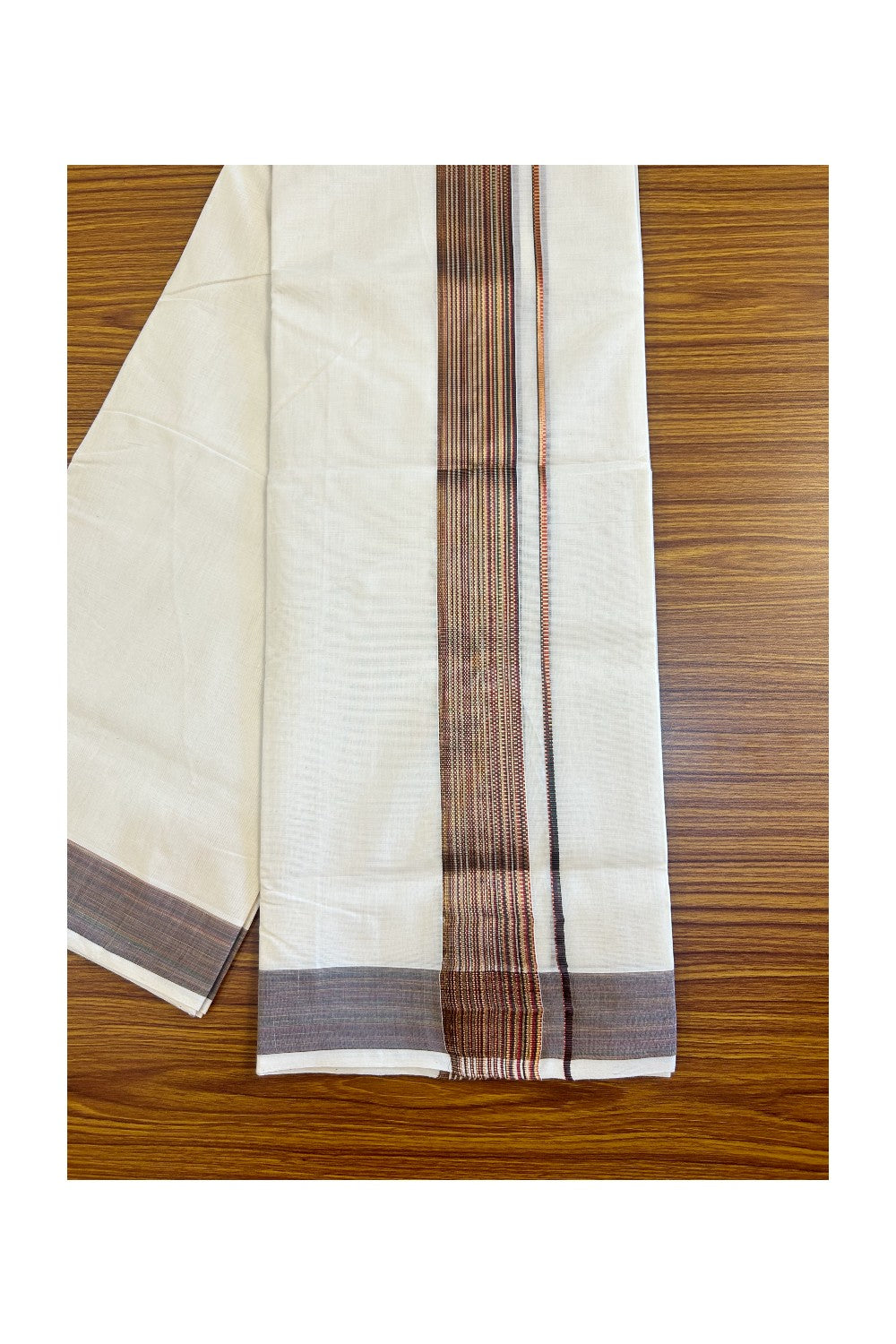 15% DISCOUNT!! KaithariKada HANDLOOM Millpaav Balaramapuram - 100% PURE Cotton OFF White (Unbleached) Double Mundu/Dothi - 2.75 inch  Brown & Kasavu striped kara - 16KK453RAM