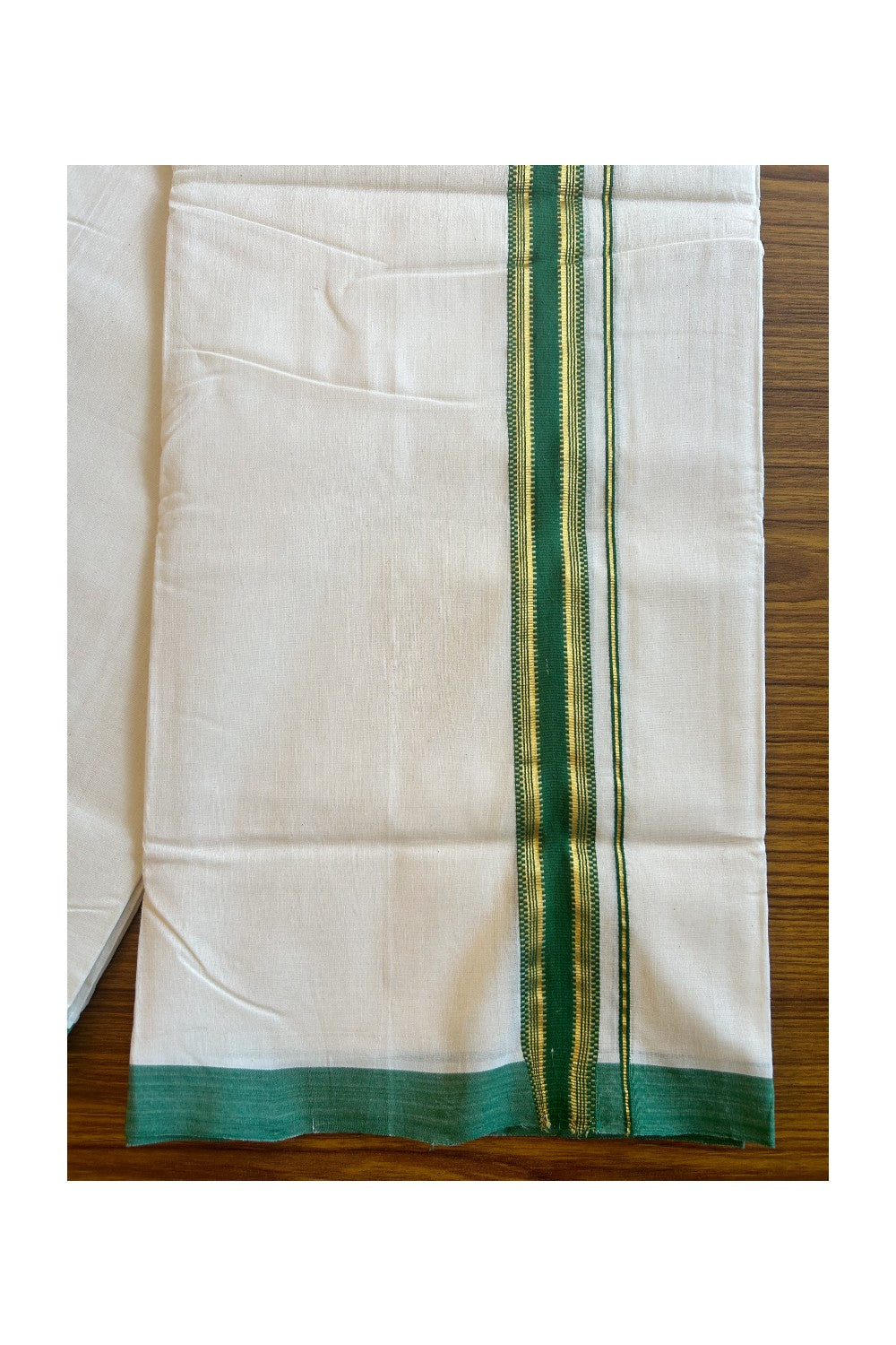 20% DISCOUNT!! KaithariKada HANDLOOM UNAKKUPAAV Balaramapuram - 100% PURE Cotton OFF White (Unbleached) Double Mundu/Dothi - 1.75 Inch Kasavu  & Green striped pattern Kara - 16KK456KK