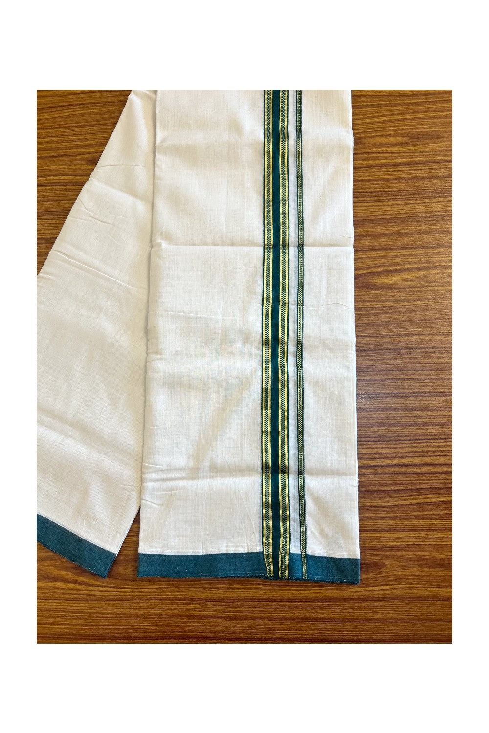 15% Discount!!! KaithariKada HANDLOOM UNAKKUPAAV Balaramapuram - 100% PURE Cotton off white (Unbleached) Double Mundu/Dhoti - 1.75 inch Kasavu & Dark green pattern kara - 16KK458SOM