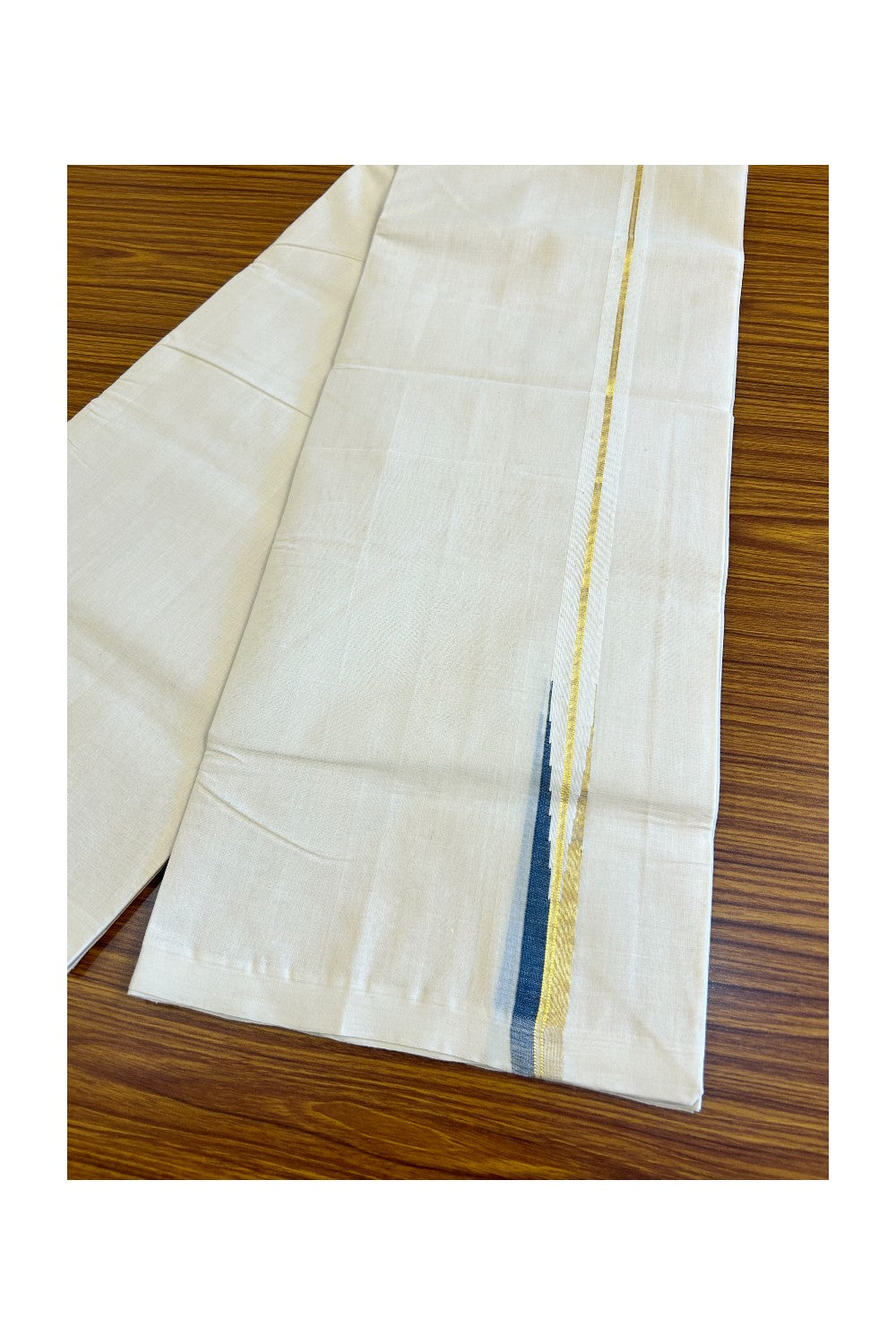 15% DISCOUNT!! KaithariKada HANDLOOM Millpaav Balaramapuram - 100% PURE Cotton OFF White - (Unbleached) Double Mundu/Dothi - 2 cm puliyilakkara Kasavu & Peacock blue chutty - 16KK476RAM