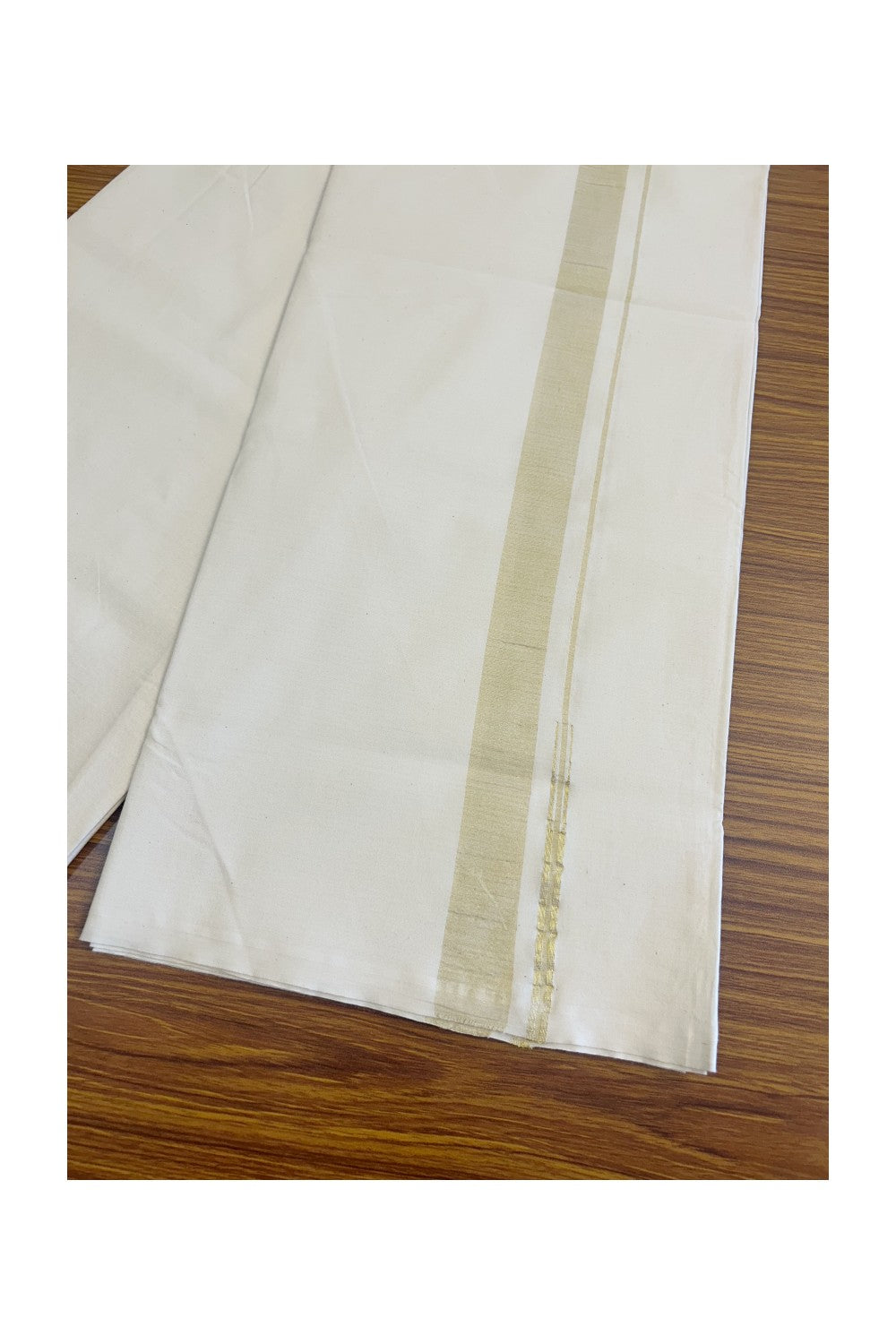 15% DISCOUNT ! KaithariKada Balaramapuram 100% COTTON SINGLE OFF WHITE Mundu/Dhoti-Twisted 100s Thread- 1.5 inch Gold Kasavu Puliyilakkara Chutty-3KK497ASH