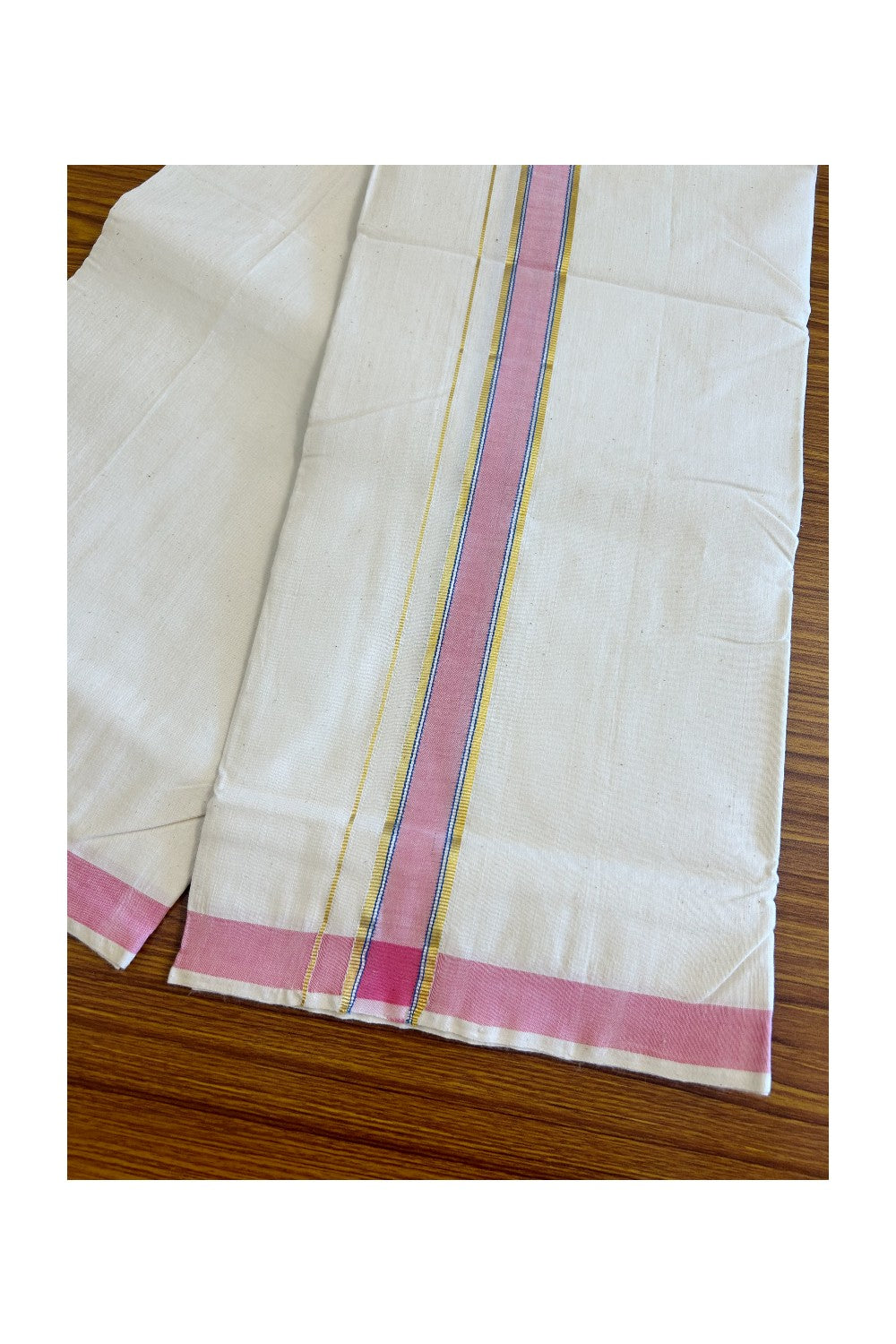 32% Discount KaithariKada 100% Cotton Balaramapuram HANDLOOM Single Mundu/Dhoti - Off White - (Unbleached)  1.75 Silver Pink & Blue Striped Kara - 16KK499KK