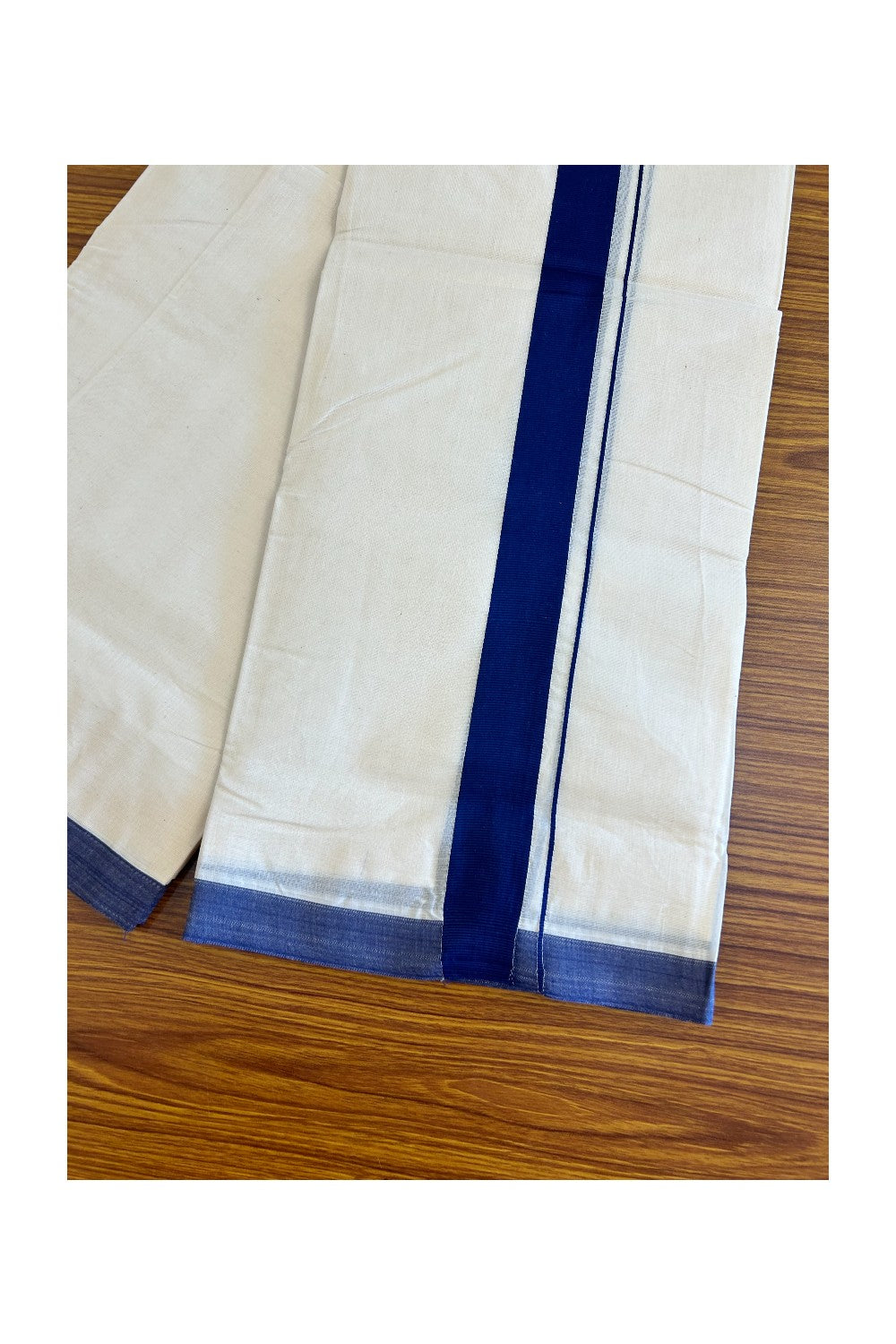 10% Discount!!! KaithariKada Balaramapuram 100% Cotton Double Off white Mundu/Dhoti-100x100 1.75  inch Deep Blue Kara - 16KK500KK