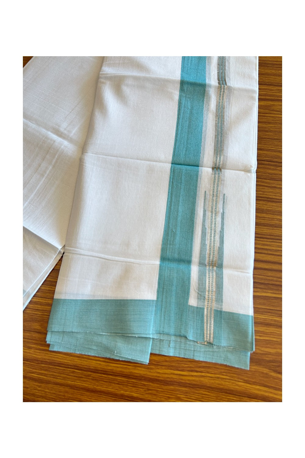 Kaitharikada  Balaramapuram 100% Pure Cotton PURE WHITE Double Mundu/Dothi - 80x92 - 1.5 Inch Turquoise Green & Silver Chutty kara - 16KK5022VAN