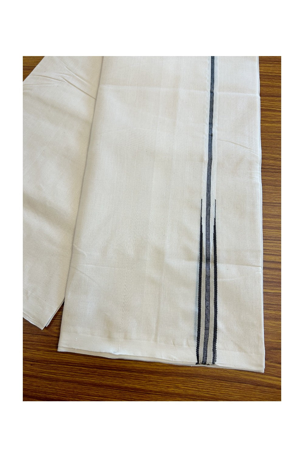 8% DISCOUNT! KaithariKada BALARAMAPURAM HANDLOOM MILLPAAV - 100% PURE Cotton Double - (Unbleached) Mundu/Dhoti - Silver black stripes  Black & Cream chutty puliyilakkara - 16KK5029RAM