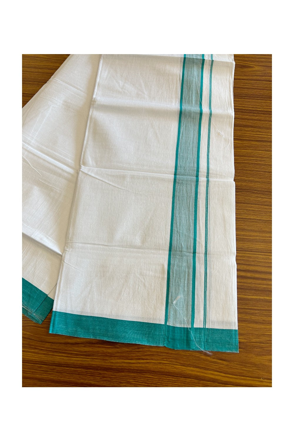 8% Discount ! Kaitharikada Balaramapuram 100% Cotton PURE WHITE SINGLE Mundu/Dothi- 2.25 inch Turquoise Green Kara - 16KK5032GAN