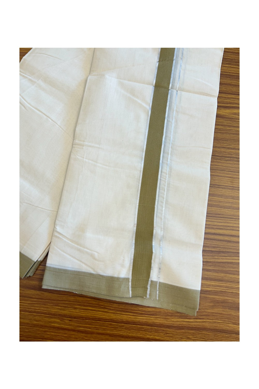 20% Discount KaithariKada Balaramapuram 100% Cotton Double Off white - (Unbleached) - Mundu/Dhoti - 100x80 - 2 inch Silver Kasavu & Sage Green Kara 3.75 mtr - 118