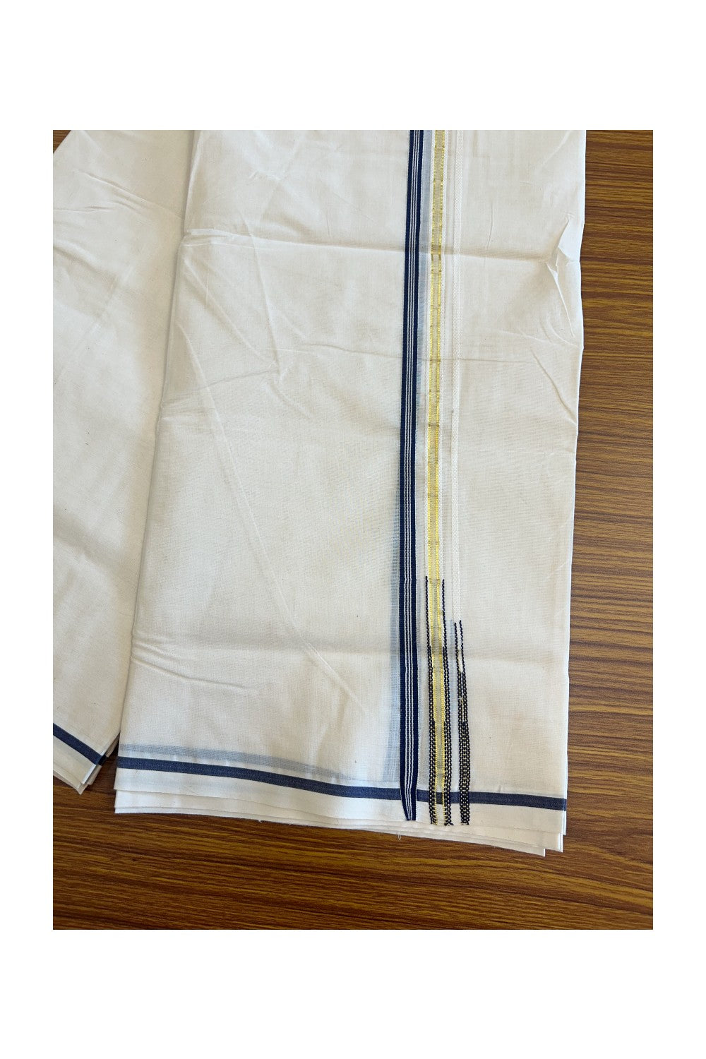 20% DISCOUNT! KaithariKada Balaramapuram 100% Cotton Double Off white - (Unbleached) - Mundu/Dhoti-100x100 1.5cm  Chutty Puliyilakkara Navy Blue & Kasavu Kara Double Chutty-36