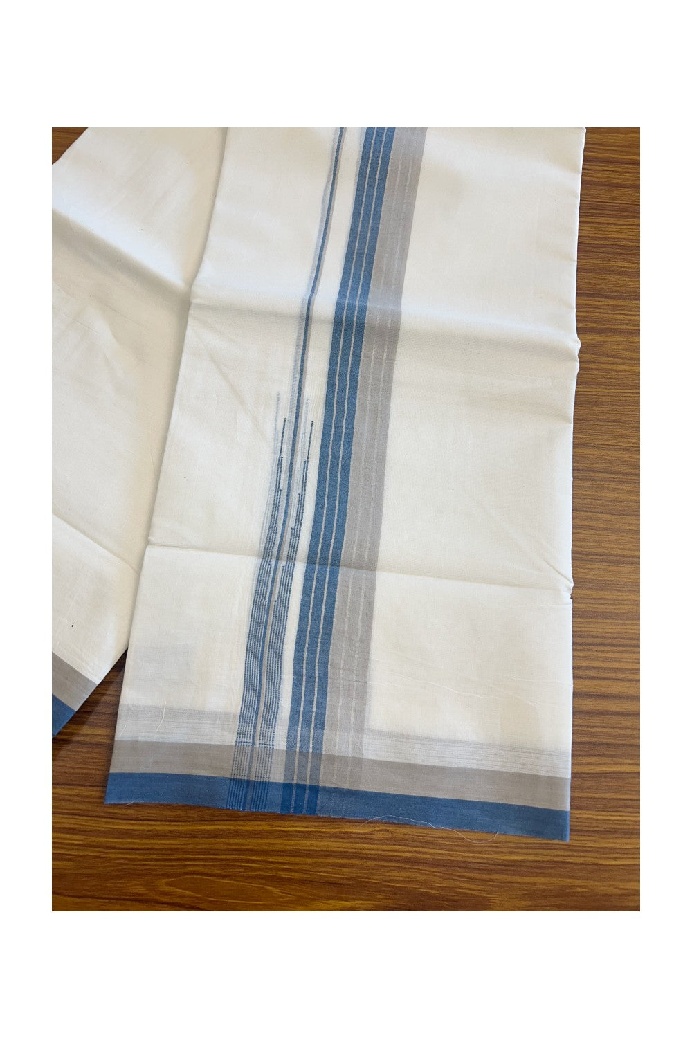 19% Discount!!! KaithariKada Balaramapuram  Double Off white - (Unbleached) Mundu/Dhoti - 80X90 - 2.25 inch Blue & Ash Silver Striped puliyilakkara chutty Striped Kara 3.85 meters - 16KK5058GUN