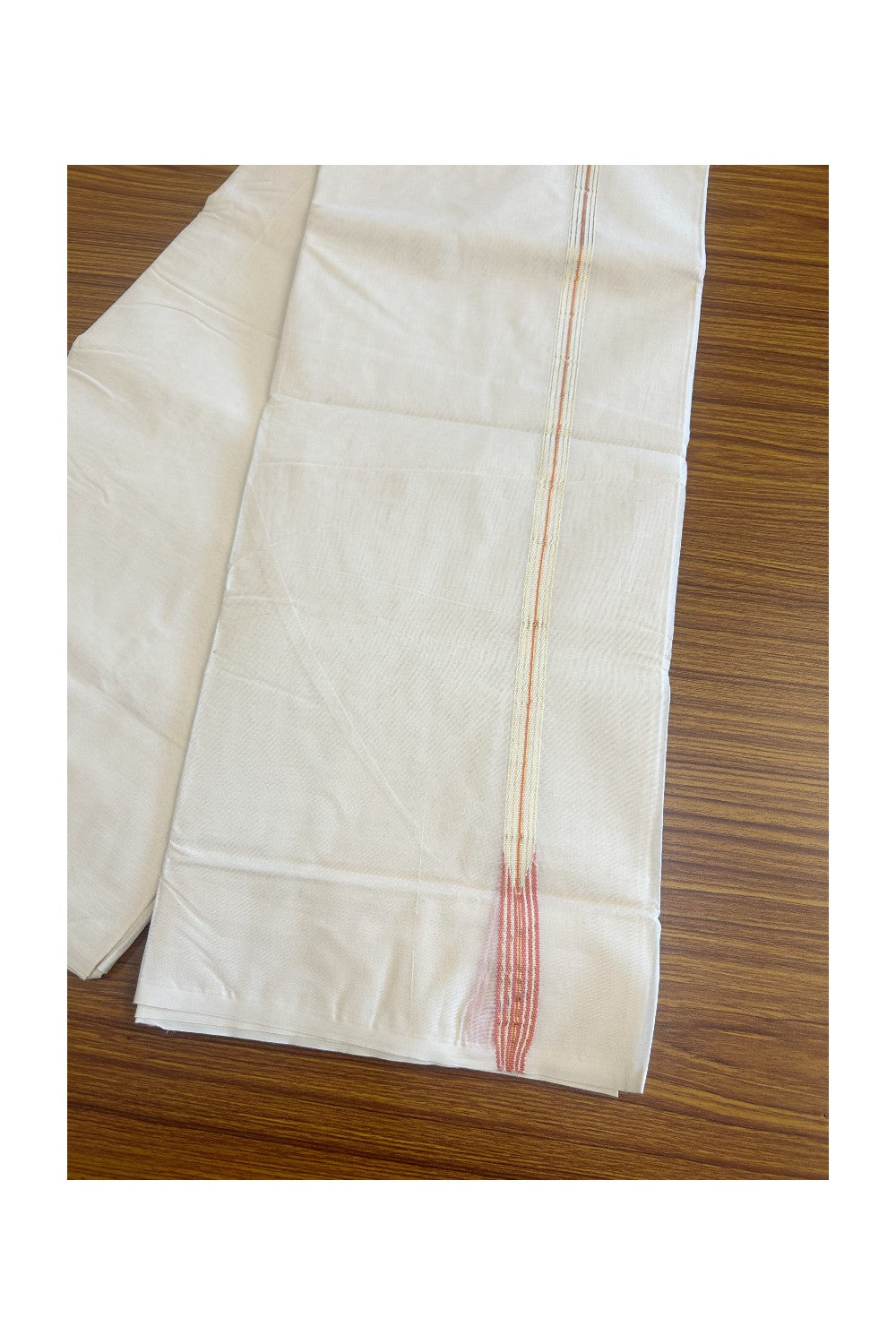 22% Discount! KaithariKada Balaramapuram 100% Cotton Double - (Unbleached) Mundu/Dhoti-100x100 Chutty PINK White & Golden Kasavu 0.75 inch  Kara- 23ASH03.