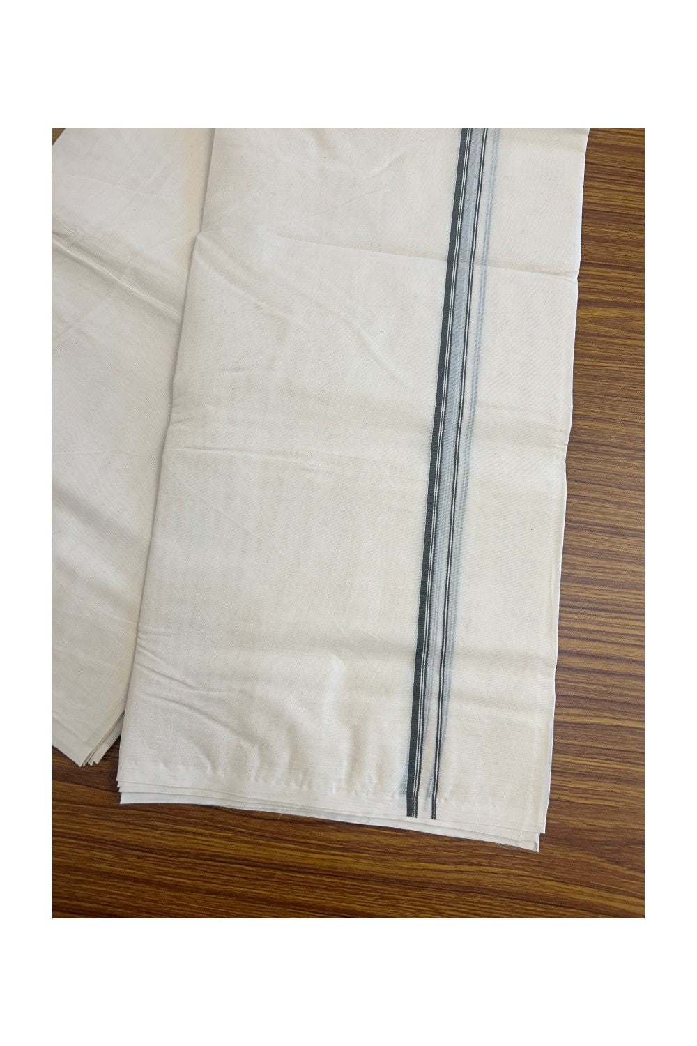 23% DISCOUNT ! KaithariKada Balaramapuram 100% Cotton Double Off white (Unbleached) Mundu/Dhoti-100X100-  ASH GRAY  & STRIPES 2.cm  Kara.- 15/1123ASH012.