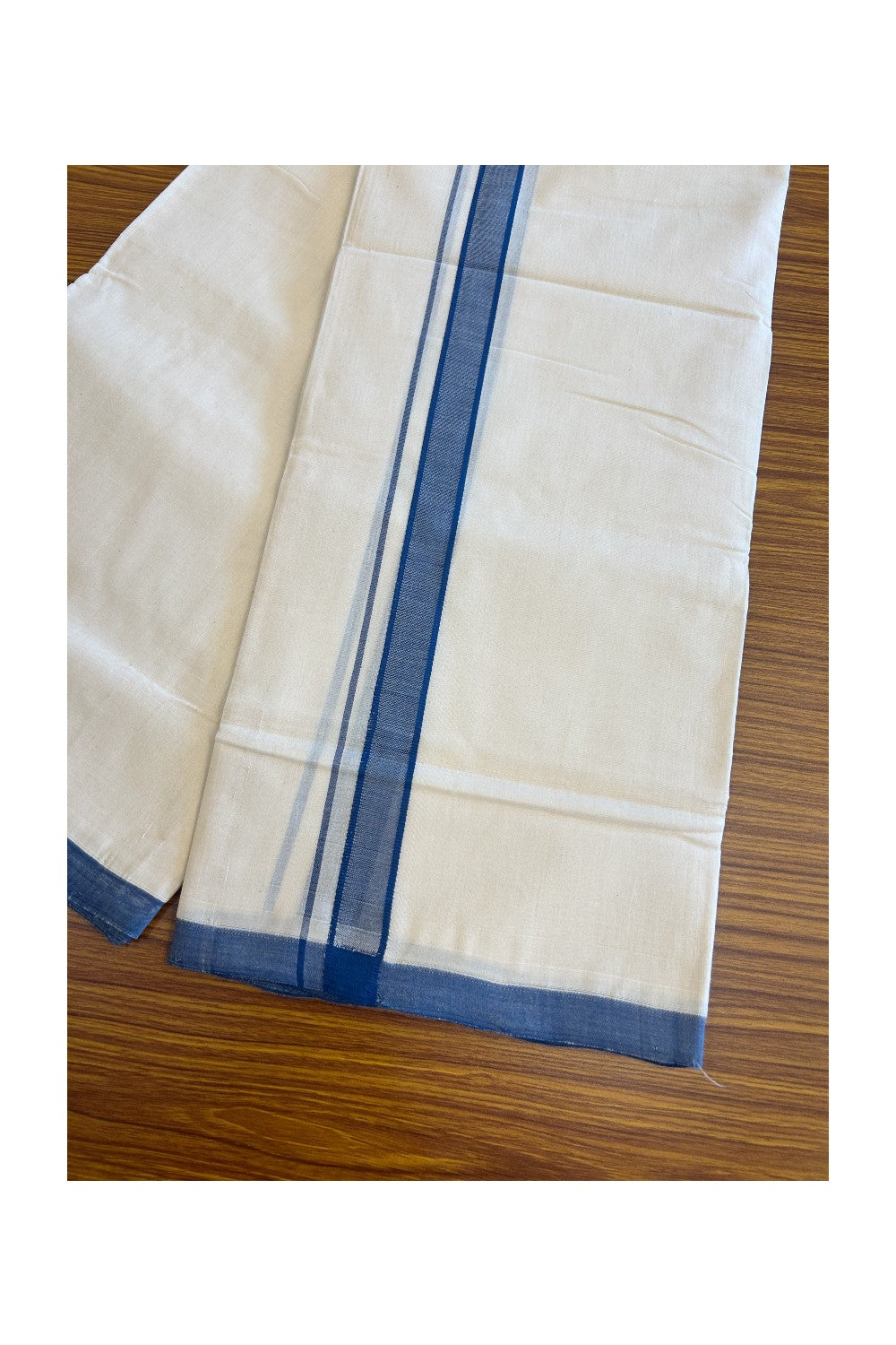 15% DISCOUNT! KaithariKada BALARAMAPURAM HANDLOOM Unakkupaav- 100% PURE Cotton 100x100 Double Mundu/Dhoti OFF WHITE (Unbleached) 3.80 mtr & 4 mtr  - Deep Blue Kara