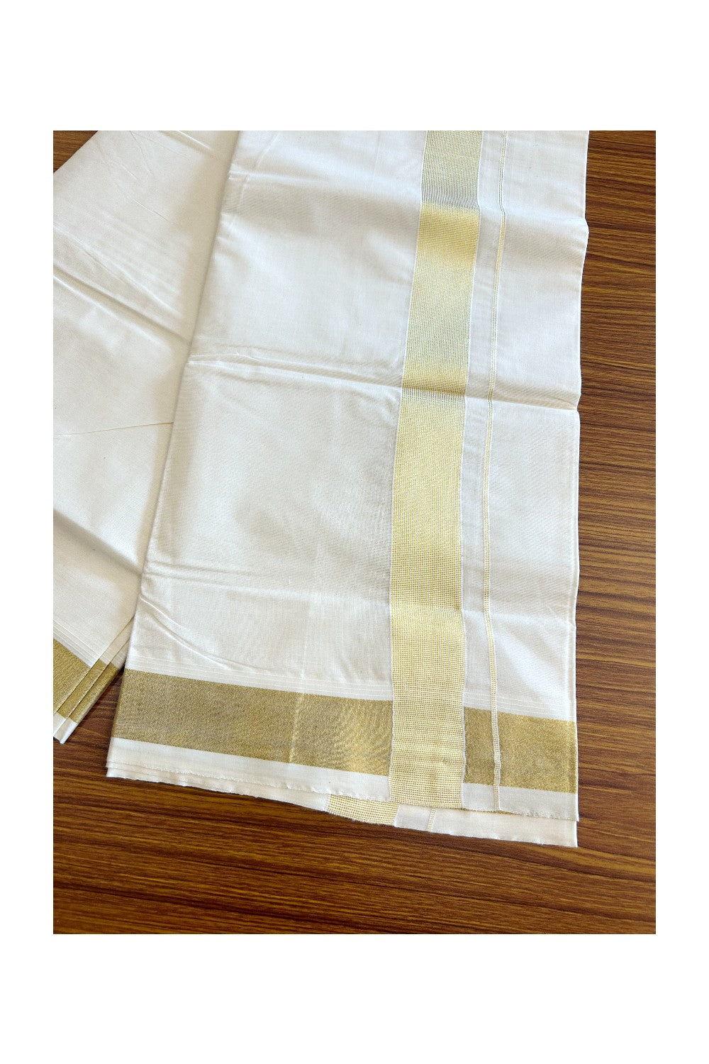 10% DISCOUNT ! KaithariKada Balaramapuram 100% Cotton Double Off white - (Unbleached) Mundu/Dhoti-100X100 - 2 inch KASAVU Stripes kara - 16KK5063KK