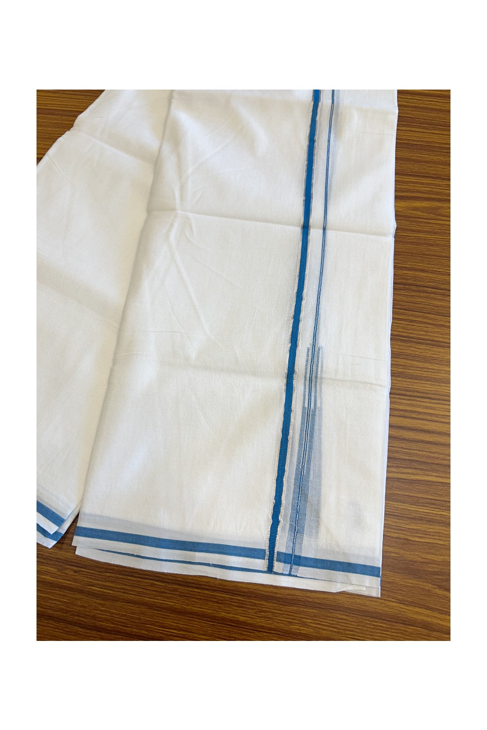 19% Discount !! KaithariKada Balaramapuram 100% Cotton PURE WHITE Double Mundu/Dhoti-100x100 - 1 cm Puliyilakkara Silver Kasavu & Light Peacock Blue Chutty Kara - 15KK5066KK