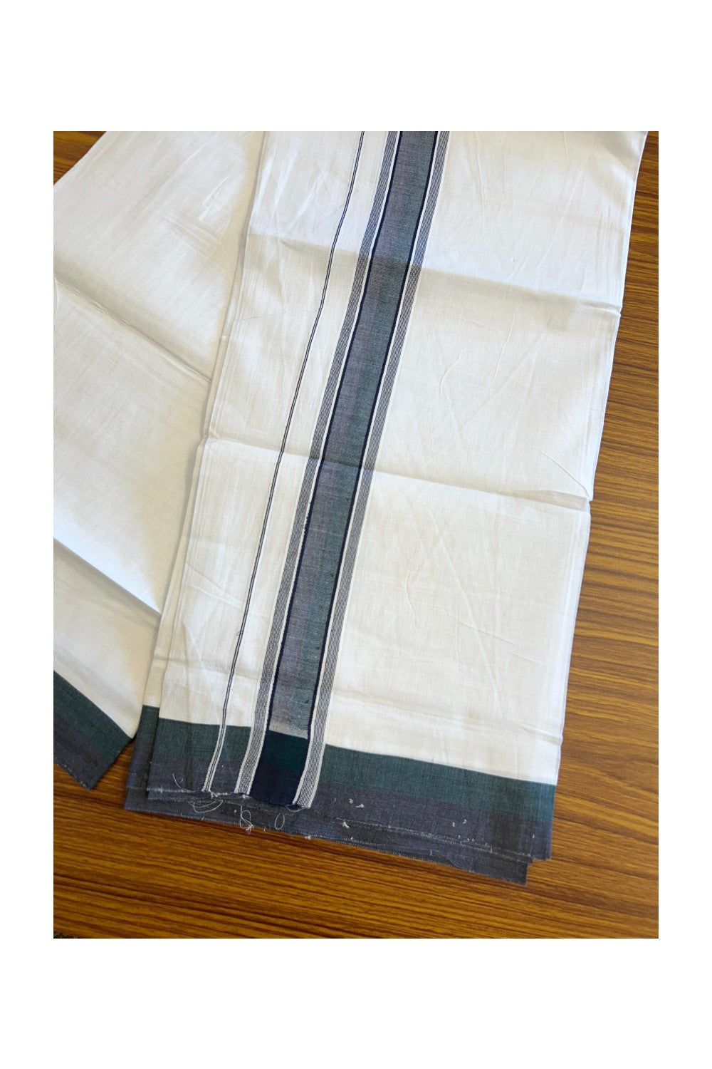 21% DISCOUNT!! Kaitharikada Balaramapuram 100% Cotton Ultra WHITE Double Mundu/Dothi-100x80 2.25 Inch Navy Blue & Dark Green Striped Cotton Kara - 16KK5067KK