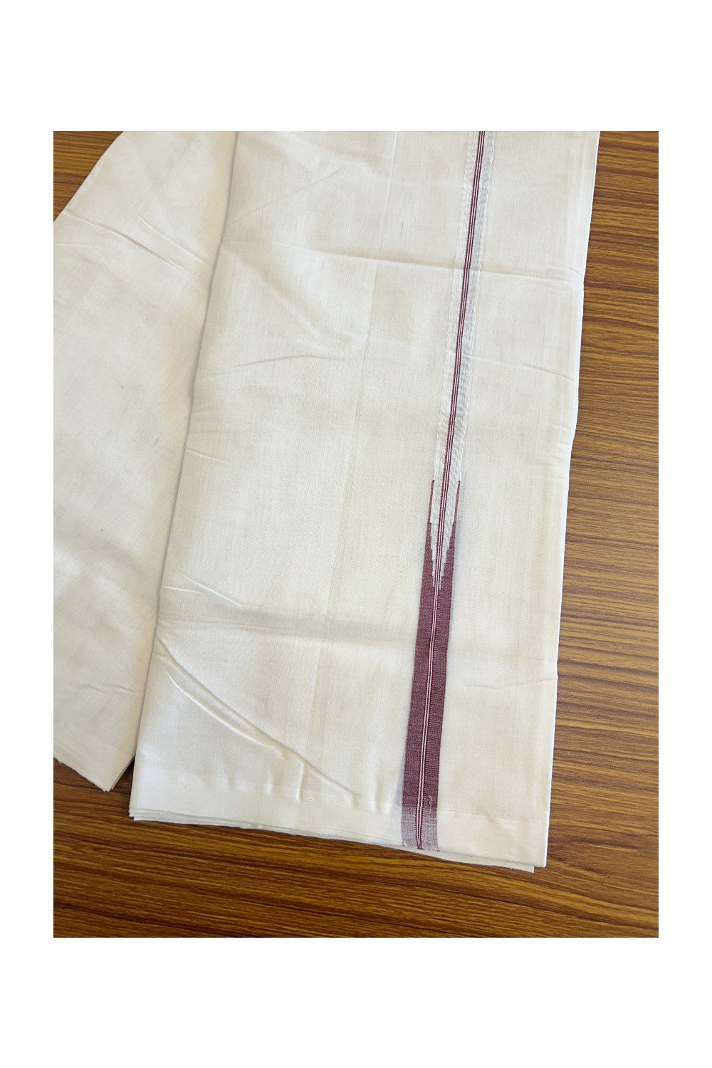 21% DISCOUNT!! KaithariKada HANDLOOM Millpaav Balaramapuram - 100% PURE Cotton OFF White (Unbleached) Double Mundu/Dothi - Maroon stripes big puliyilakkara chutty- 25KK86RAM