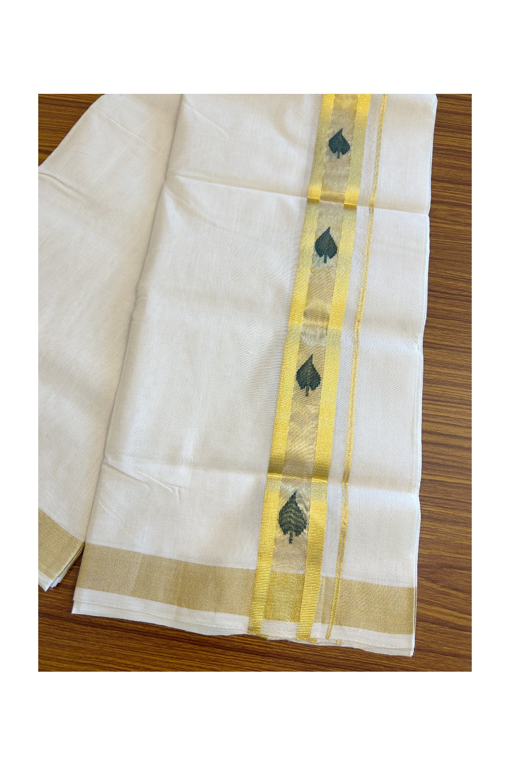 30% Discount!!! KaithariKada HANDLOOM UNAKKUPAAV Balaramapuram - 100% PURE Cotton off white (Unbleached) Double Mundu/Dhoti -100x 100 - 2.5 inch Kasavu with Centre Tissue & Green Leaf design kara - 15KK5096YAR