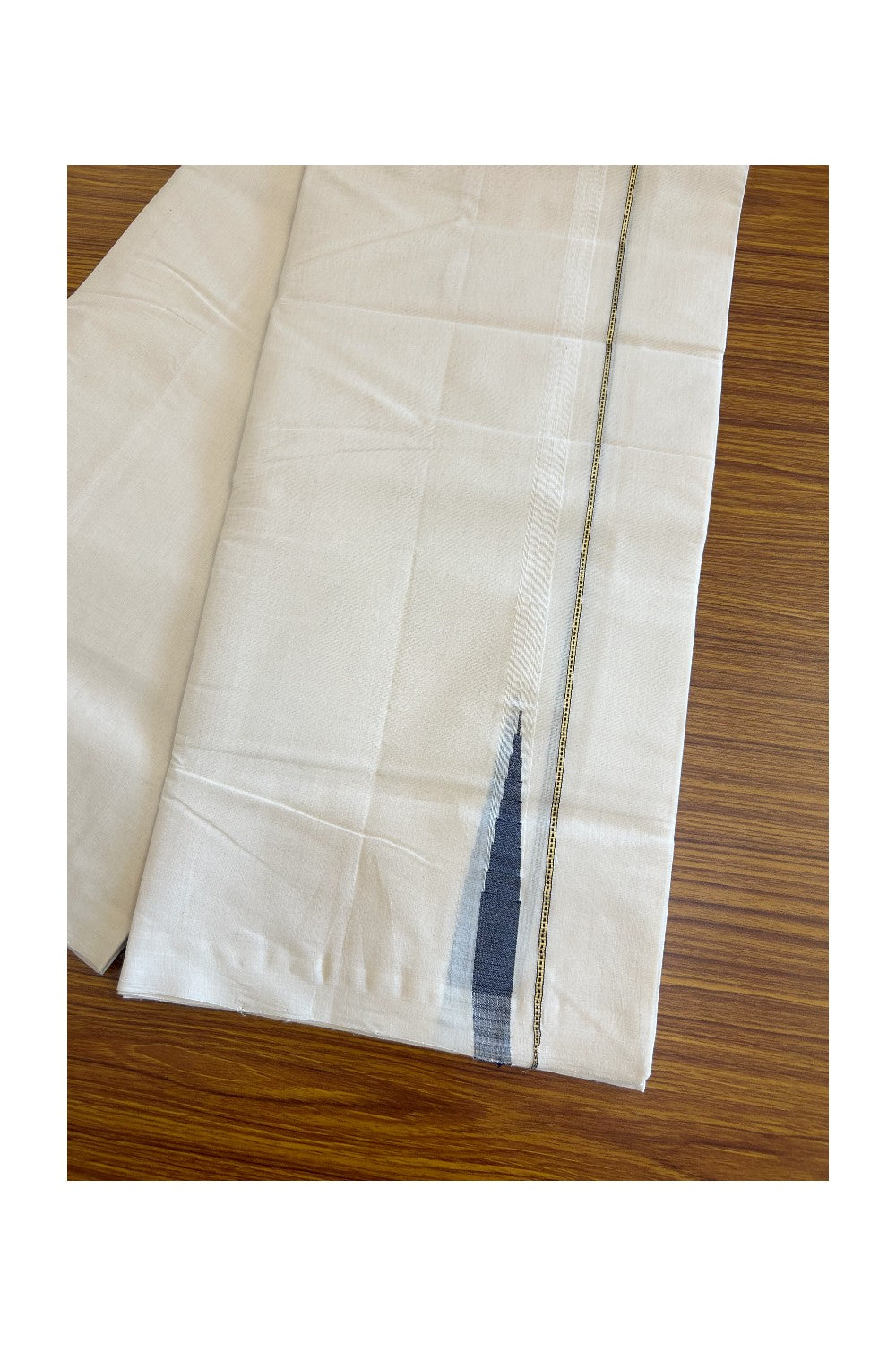 30% DISCOUNT!! KaithariKada HANDLOOM Millpaav Balaramapuram - 100% PURE Cotton OFF White - (Unbleached) Double Mundu/Dothi - 1.5 cm puliyilakkara Kasavu & Dark Blue Temple chutty Kara - 16KK5105RAM