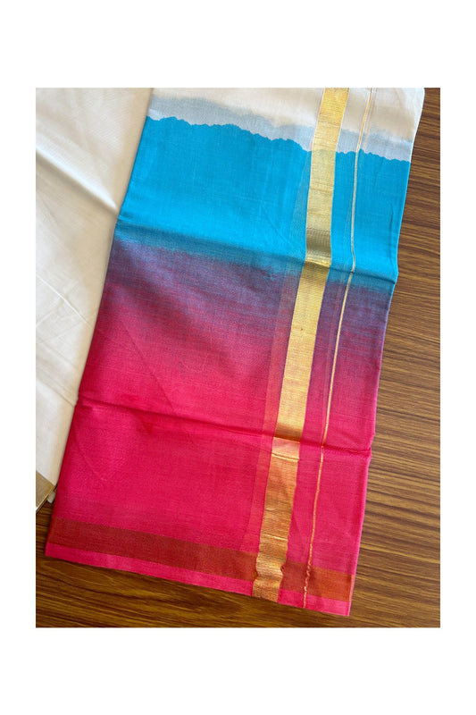 20% Discount !! KaithariKada Balaramapuram Mixed Cotton OFF White (Unbleached) Double Mundu/Dhoti -80x80 Thread Mixed Cotton - 1.75 inch Rose Red & Pacific Blue Dyed Kasav Kara - 16KK5113PMC