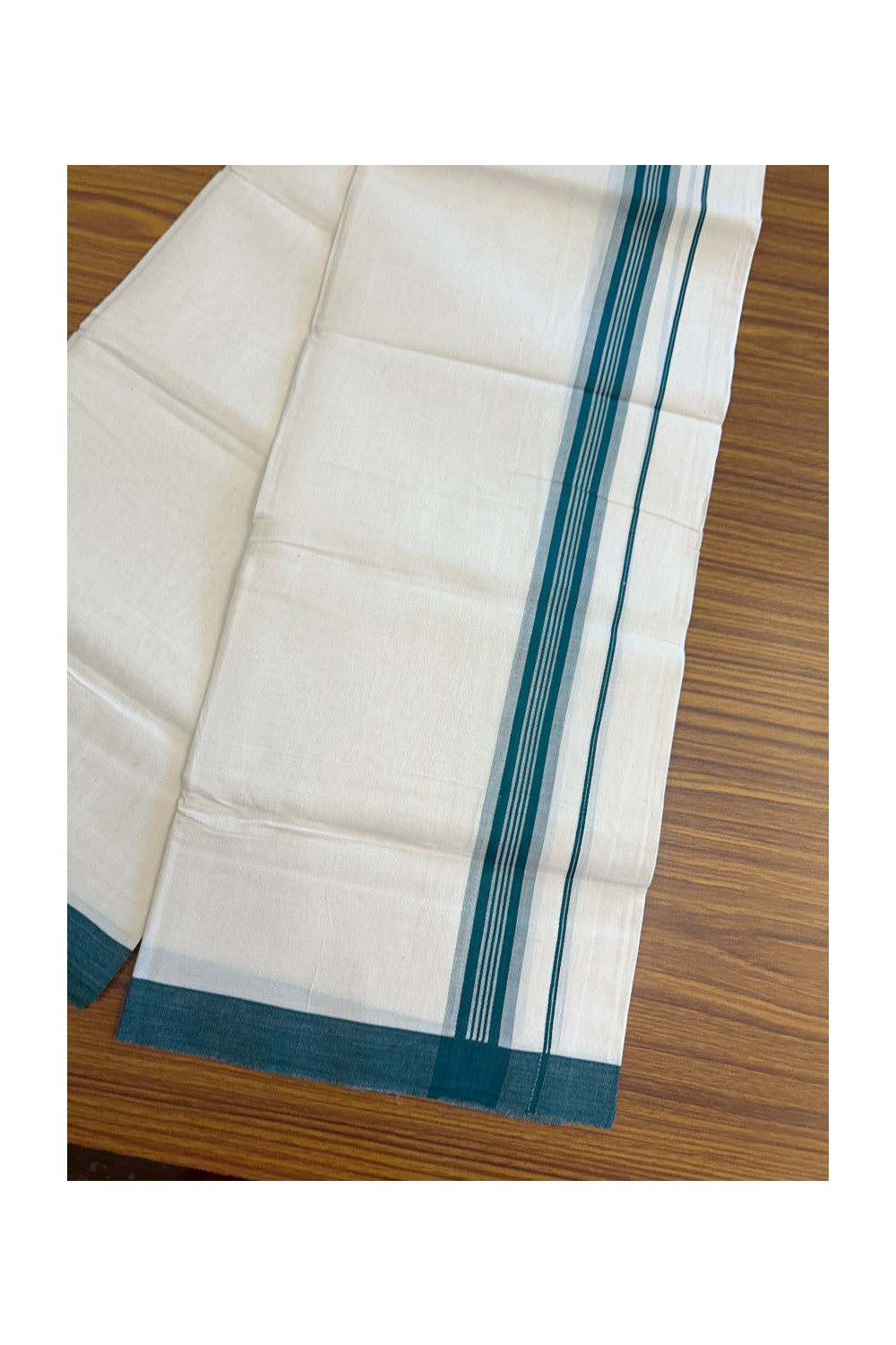 8% Discount ! Kaitharikada Balaramapuram 100% Cotton OFF WHITE SINGLE Mundu/Dothi (40s) - 1.75 inch Peacock green & White shaded Stripes Kara (2 meter / 4 muzham) - 16KK5114THI