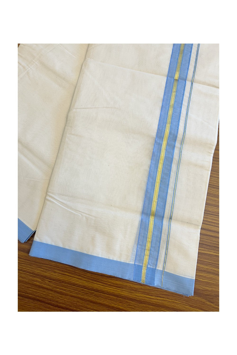 19% Discount !! KaithariKada - 100% PURE Cotton OFF White Double - (Unbleached) Mundu/Dothi -100x100 - 2 inch Sky Blue & Kasavu Striped Kara 4.50 Meters - 16KK5133ASH