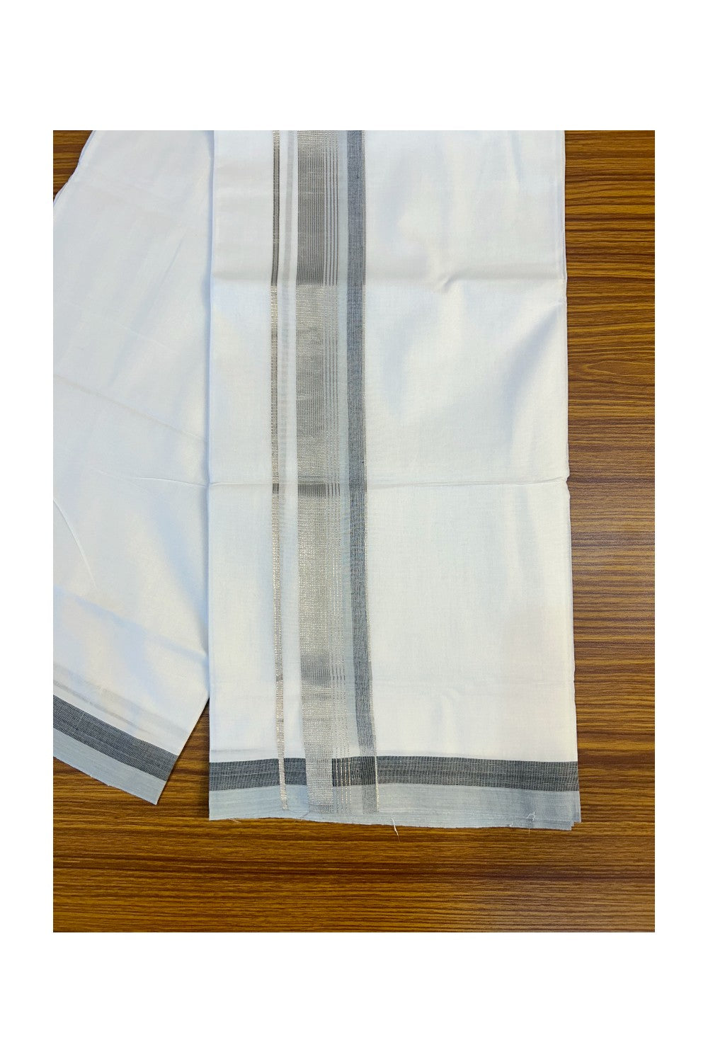 21% DISCOUNT!! Kaitharikada Balaramapuram 100% Cotton Ultra WHITE Double Mundu/Dothi-100x80   2 Inch GRAY & BLACK SILVER STRIPED Cotton Kara -16KK63VAS