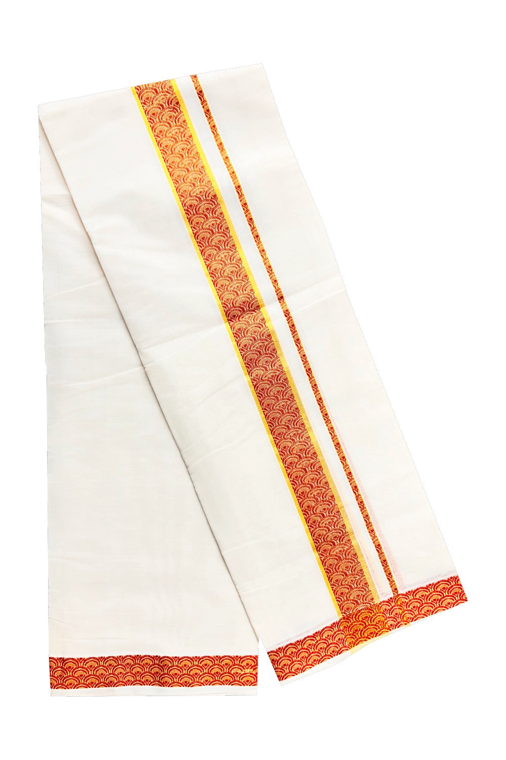 18 % DISCOUNT ! KaithariKada HANDLOOM Unakkupaav Balaramapuram - 100% PURE Cotton 4.44 Meter Off White Double Mundu/Dhoti - Brick Red Flower & KASAVU DESIGN 2.5 Inch KARA- ABH17