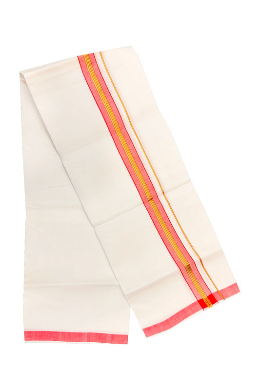 20% OFFER! KaithariKada 100% Cotton Balaramapuram HANDLOOM Single  PURE WHITE Mundu/Dhoti - 2inch Pinkish Red Kasavu Kara & Stripes  - 17KAI.