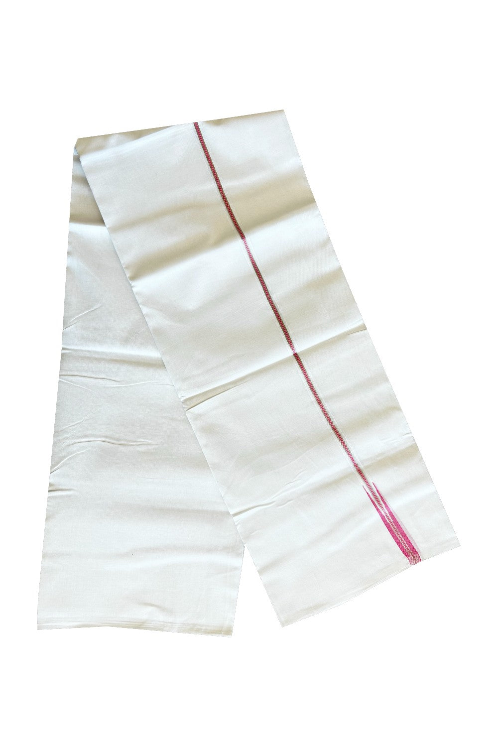 23% DISCOUNT!! KaithariKada Balaramapuram 100% Cotton PURE WHITE Double Mundu/Dhoti-100x100  1.5cm Puliyilakkara  MUTHUKKURI  DARK PINK  AND SILVER  KASAVU Chutty Pattern KARA.