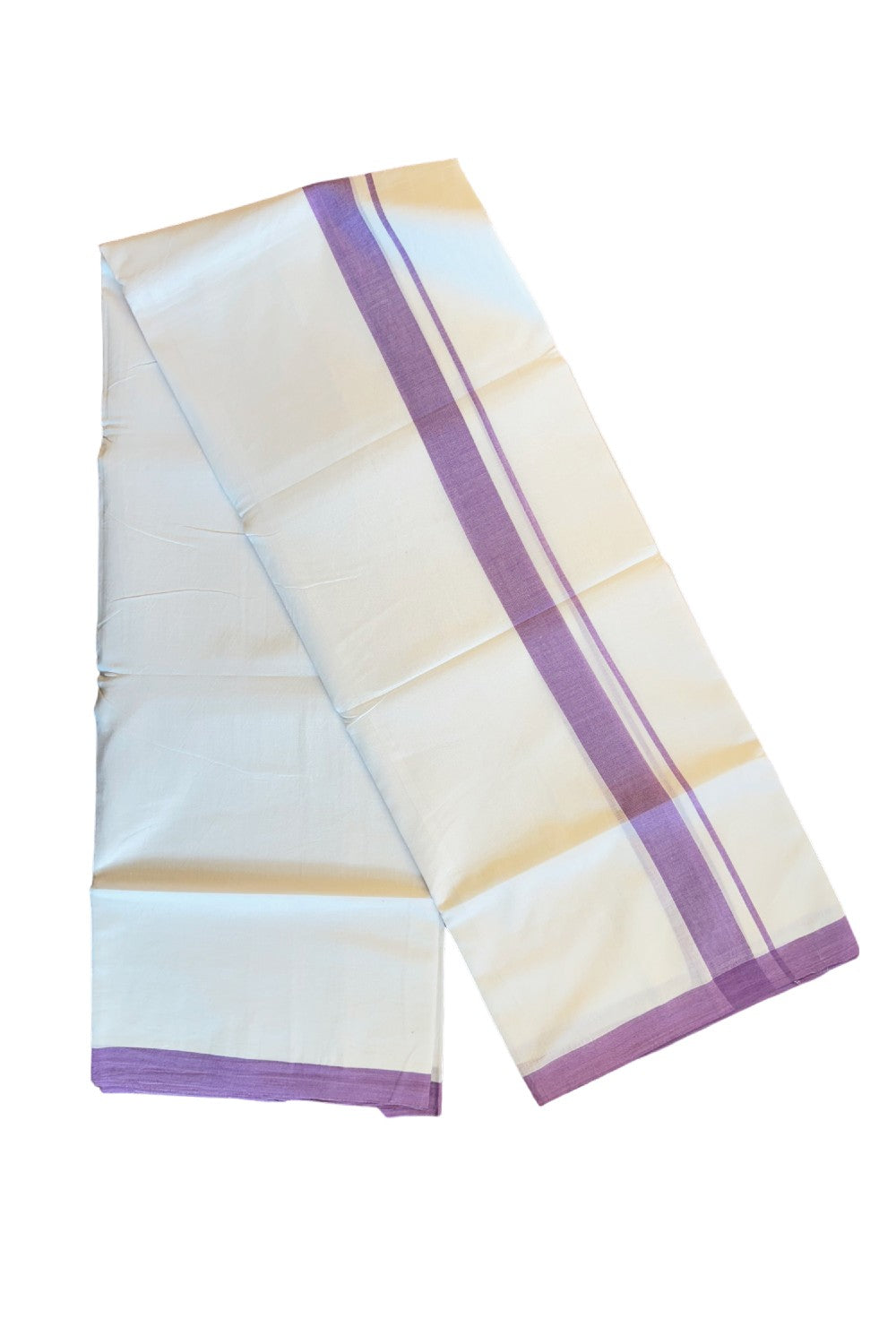 24% Discount! KaithariKada Balaramapuram Handloom 100% Millpaav Cotton Double Mundu/Dhoti Pure white - 100x100 Purple Mulloth Border - 17KK404RAM