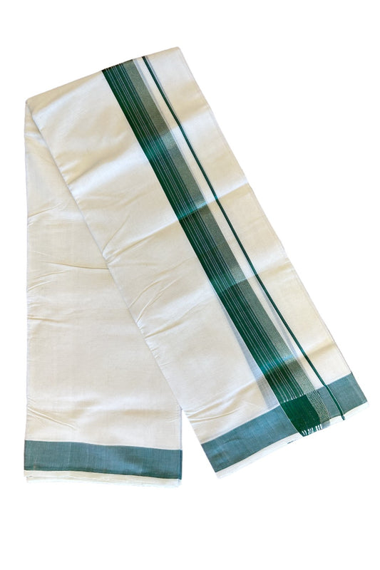 18% DISCOUNT!! KaithariKada HANDLOOM Millpaav Balaramapuram - 100% PURE Cotton OFF White Double Mundu/Dothi - 2.75 inch Green & silver kasavu striped kara - 17KK410RAM