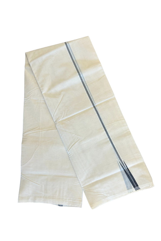 22% DISCOUNT! KaithariKada Balaramapuram 100% Cotton Double Off white Mundu/Dhoti- 100x100 Chutty Puliyilakkara Striped Ash Black 2.cm Kara- 17KK417ASH