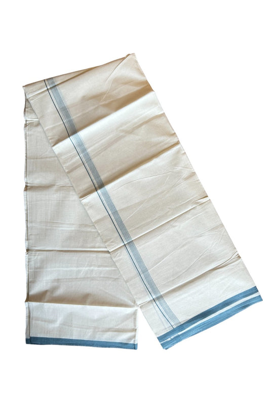 23% DISCOUNT! KaithariKada Balaramapuram 100% Cotton Double Off white Mundu/Dhoti-100x90 0.75inch Blue Striped kara - 17KK431VAS