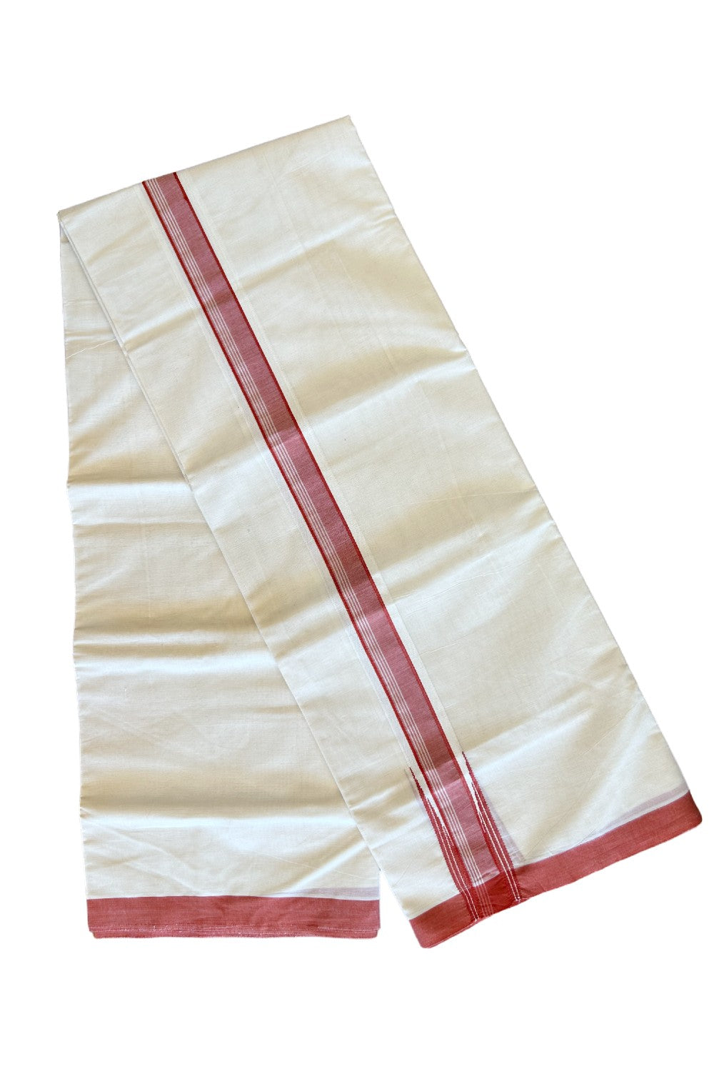 20% DISCOUNT ! KaithariKada 100% Cotton OFF WHITE (Unbleached) Double Dhoti/Mundu- 1.75inch  Puliyilakkara Brick Red Wings Chutty - 21KK455ASH