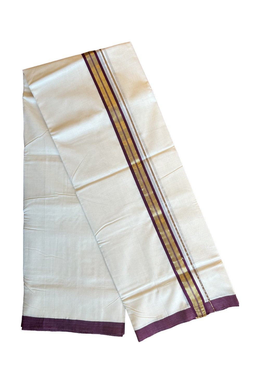 20% DISCOUNT!! KaithariKada HANDLOOM UNAKKUPAAV Balaramapuram - 100% PURE Cotton OFF White (Unbleached) Double Mundu/Dothi - 1.75 Inch Kasavu  & Wine Purple striped pattern Kara - 17KK456KK