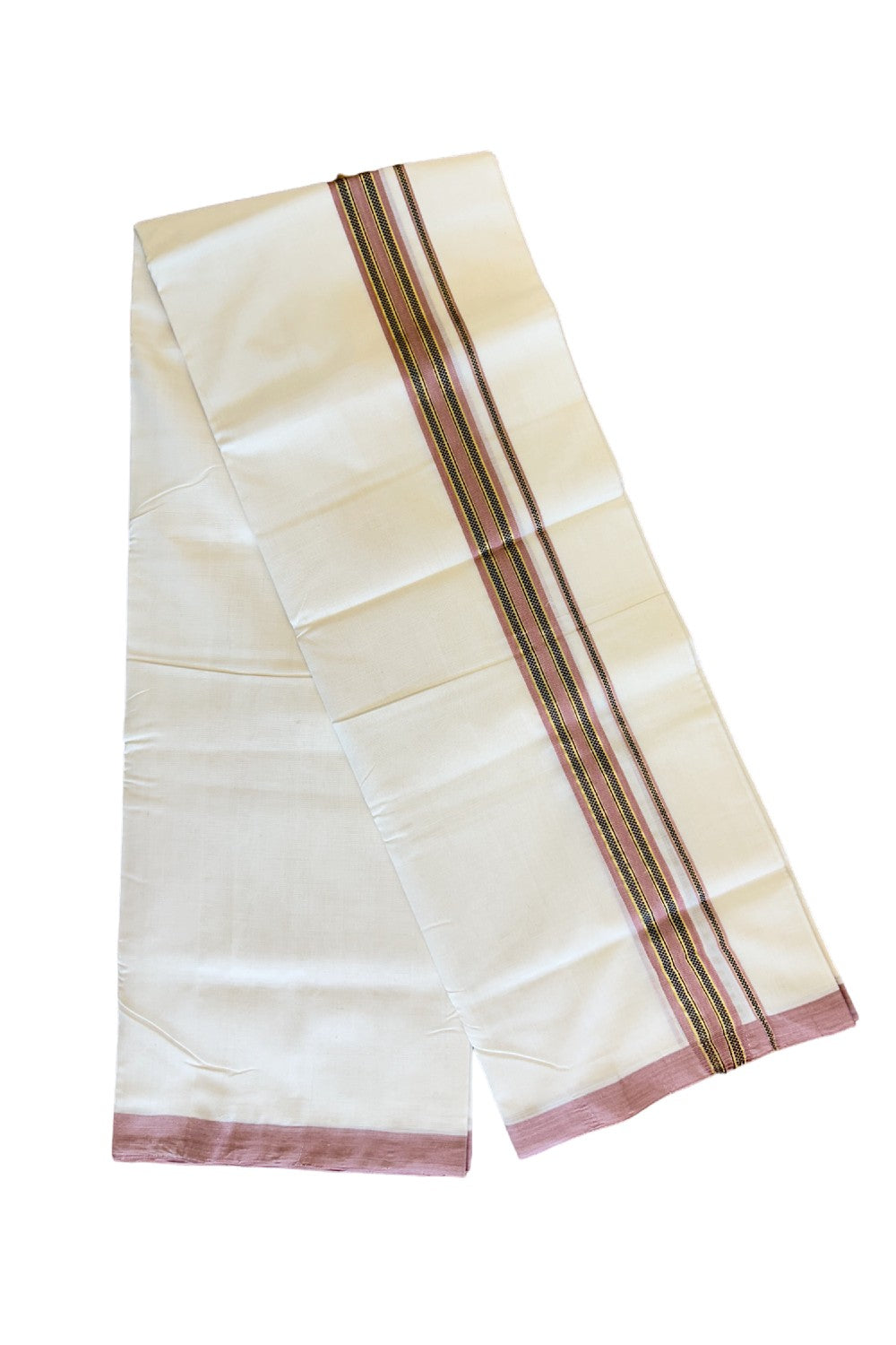 15% Discount!!! KaithariKada HANDLOOM UNAKKUPAAV Balaramapuram - 100% PURE Cotton off white (Unbleached) Double Mundu/Dhoti - 2 inch Kasavu Pink brown & Navy blue pattern kara - 17KK458SOM