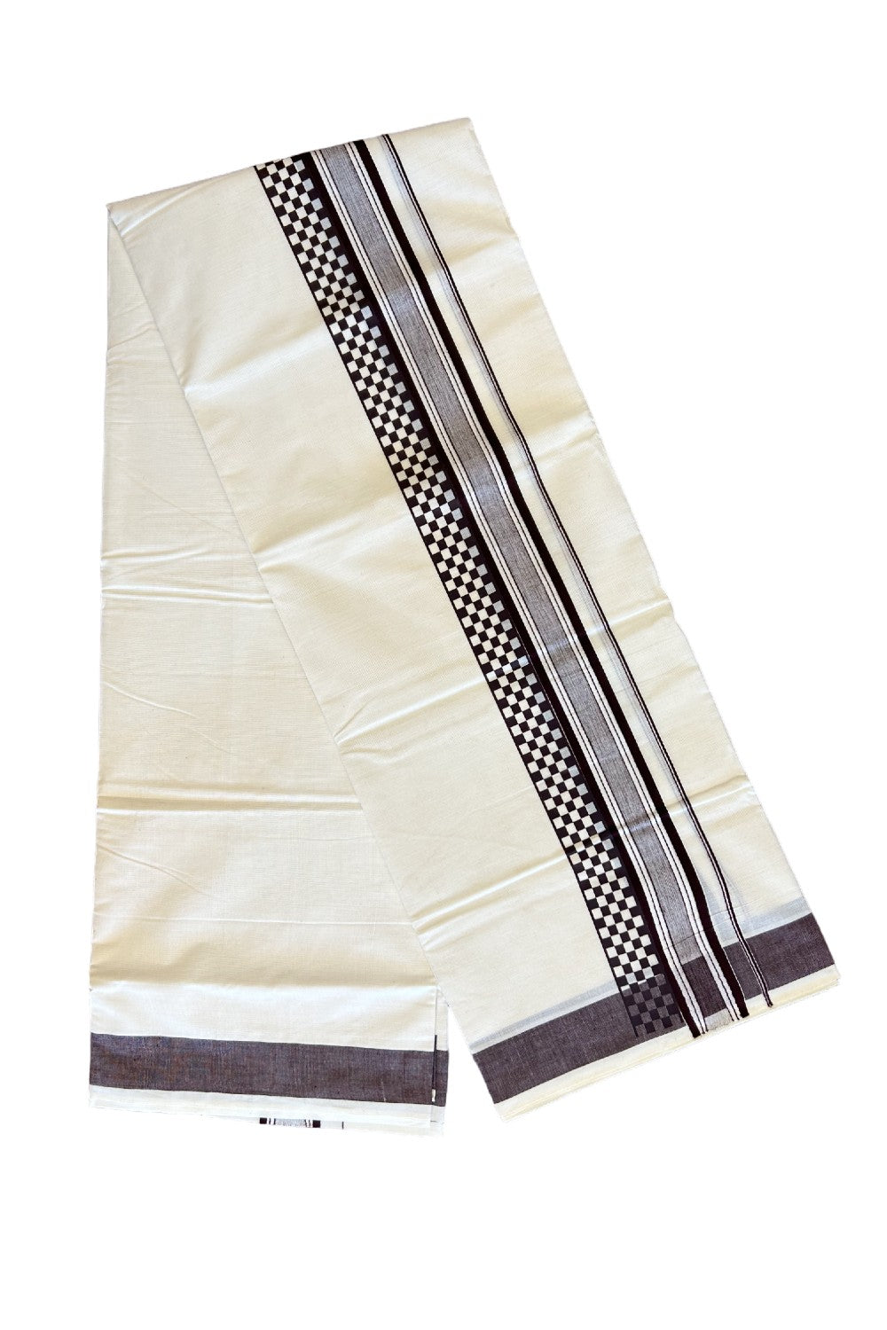 29% Discount !! KaithariKada Balaramapuram 100% Cotton Off white (Unbleached) Double Mundu/Dhoti - 80x72- 3.25 Inch  Deep Dark Maroon Striped pattern printed kara - 17KK470VIN