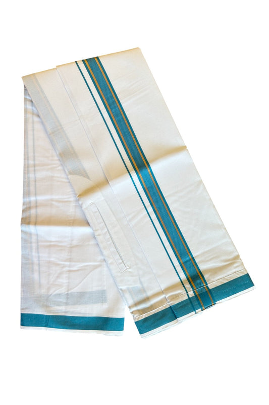 KaithariKada Balaramapuram COTTON SINGLE PURE WHITE VELCRO Mundu/Dhoti - 1.75inch Peacock Blue & Kasavu kara - 17KK485SRI