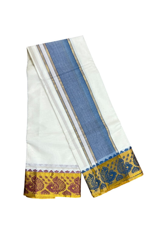 36% DISCOUNT! KaithariKada Cotton Mix Off White - (Unbleached) 80x80 thread - 80% Cotton & 20% Polyester- NORTH INDIAN - ATTACHED GAMCHA 9X5 Dhoti 5inch Blue kara with Maroon & Blue Kasavu border  - 17KK5005PMC