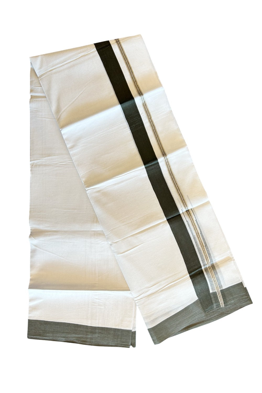 Kaitharikada  Balaramapuram 100% Pure Cotton PURE WHITE Double Mundu/Dothi - 80x92 - 1.5 Inch Dark Sage Green & Silver Chutty kara - 17KK5022VAN